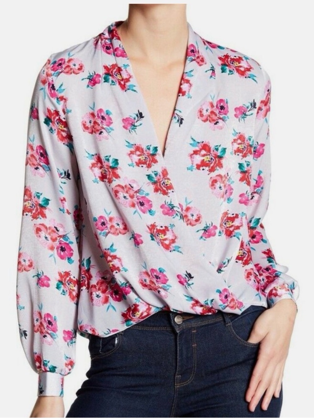 Lush Floral Satin Faux Wrap Surplice Open Back Blouse | Size S | NWOT